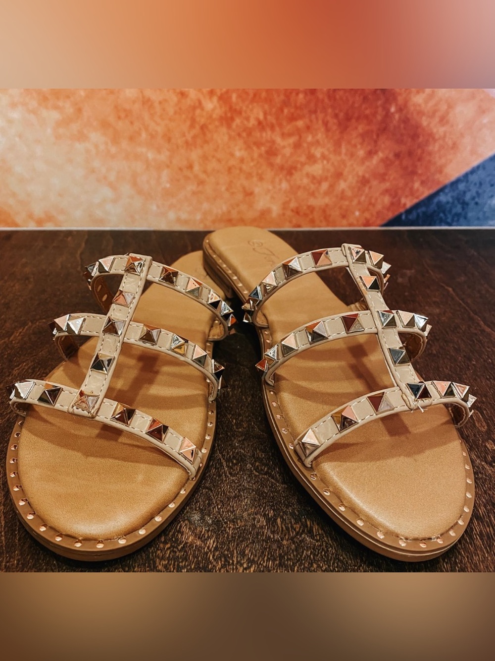 Studded Beige Multi-Stud Slide Sandals - Women